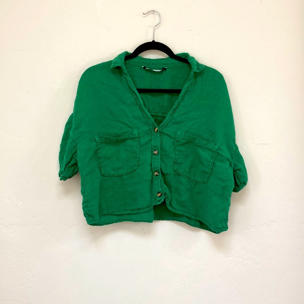 Zara Super Soft Kelly Green Linen Crop Top Button Up Sz L